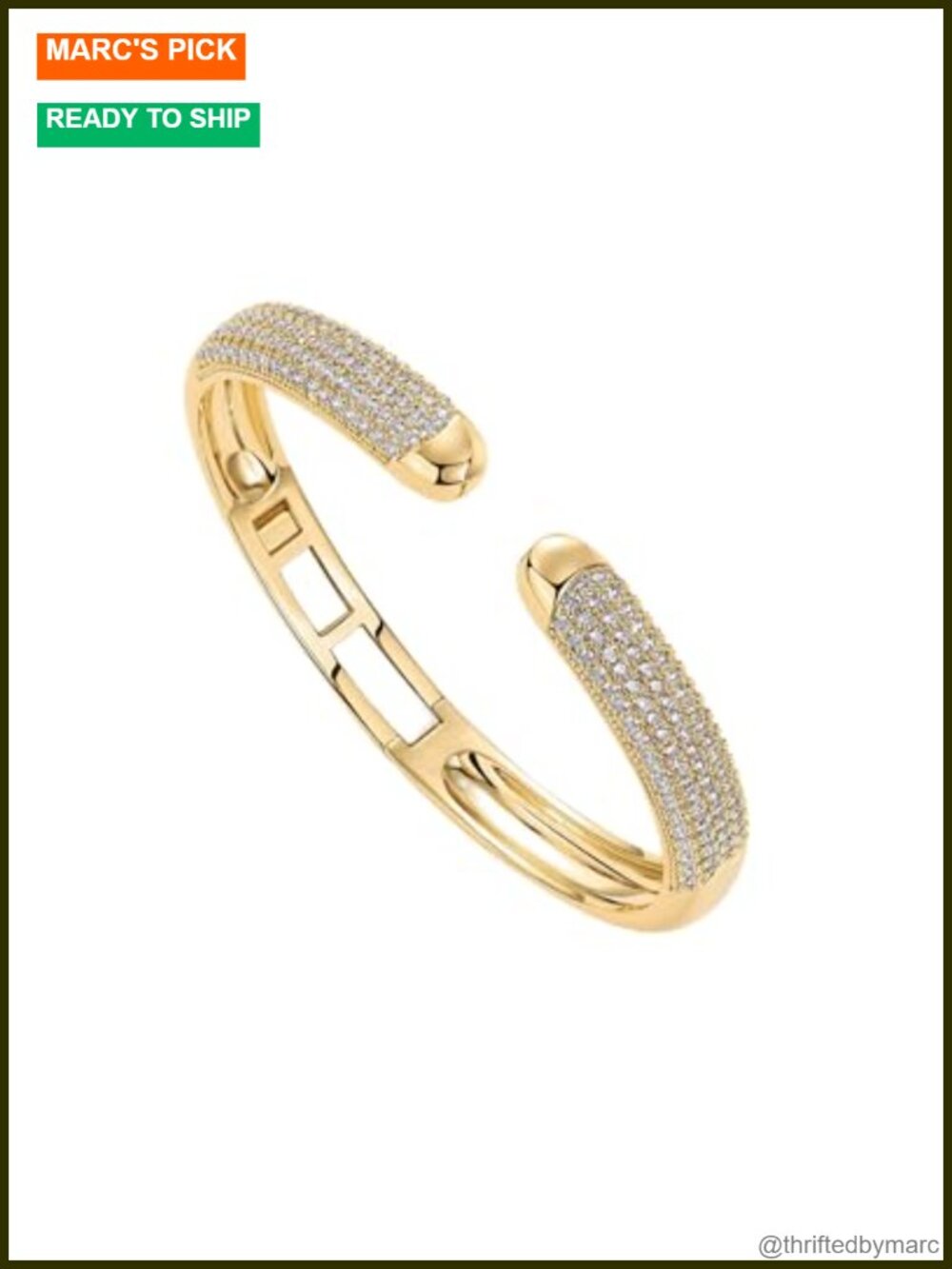 14k Gold Plated Cuff Bracelet with CZ Pave Setting and Hinge, 7 Inch Bangle